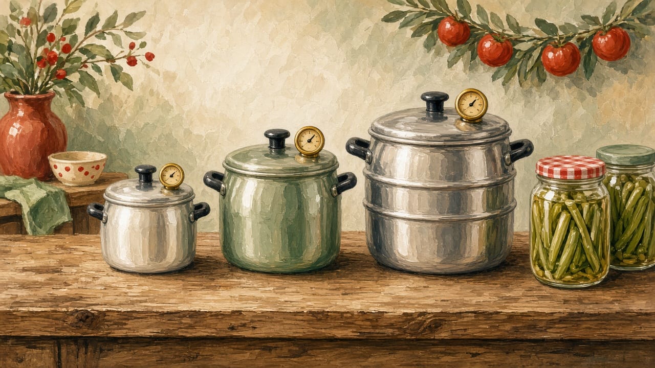 Illustration of three pressure canners in small, medium and large sizes, each with a dial gauge, on a wooden counter beside jars of green beans.