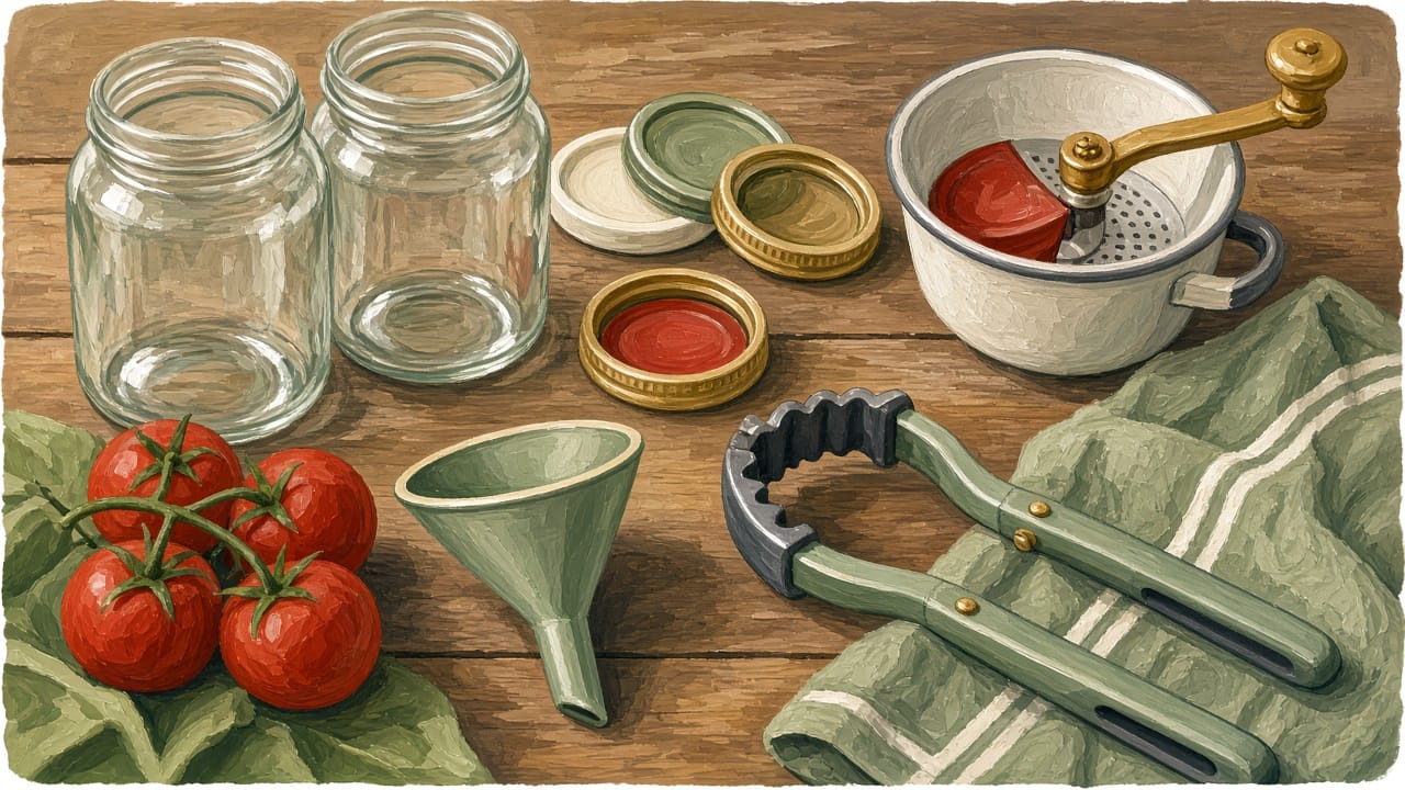 Illustration of canning supplies on a wooden table: empty jars, lids and bands, a funnel, a jar lifter, a food mill and fresh tomatoes.