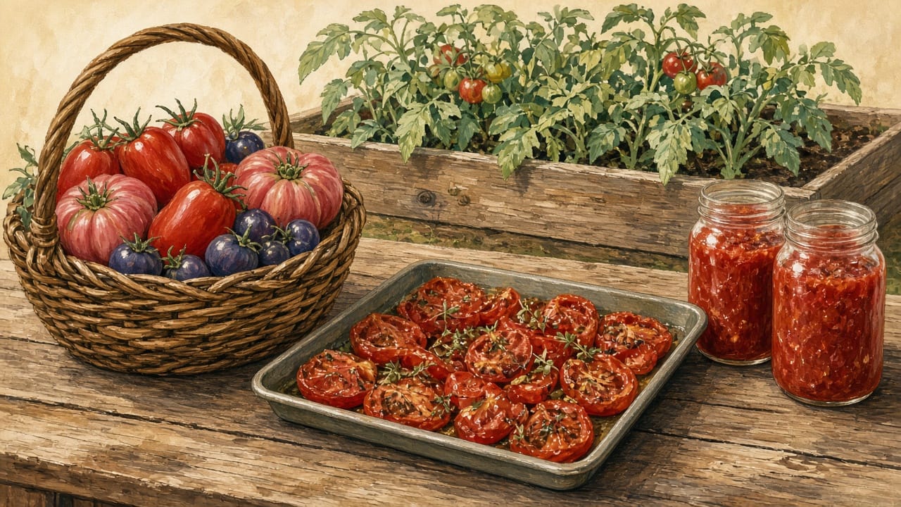 Illustration of a woven basket of red, pink and indigo tomatoes beside a tray of roasted tomato halves and two jars of tomato sauce, with tomato plants growing in a raised bed behind.